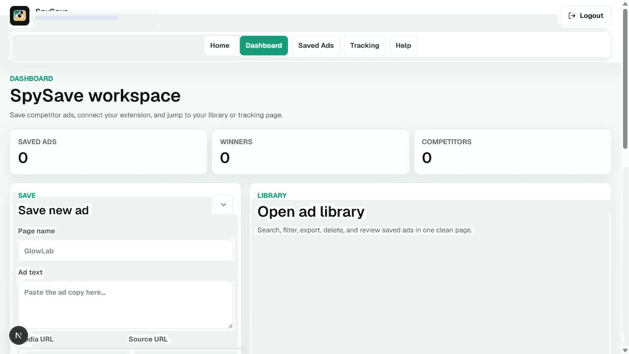 The real SpySave dashboard with saved ads, AI scores, competitors, and save controls
