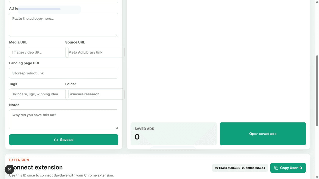 The real SpySave dashboard and extension connection area